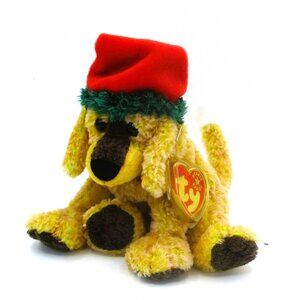 Ty Beanie Babie Jinglepup Holiday Plush Red Santa Hat & Green Trim Brand New